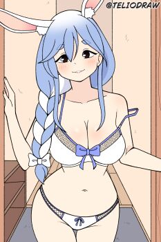 1girl absurdres bare_shoulders blue_hair blush bow bra braid braided_ponytail breasts female_focus hair_bow highres hololive large_breasts long_hair looking_at_viewer navel panties pekomama rabbit_ears rabbit_girl self-upload solo standing tagme teliodraw twitter_username underwear virtual_youtuber