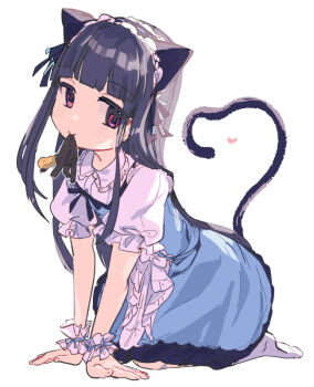 Rule 34 | 1boy, 1girl, all fours, animal ears, blue hair, cat ears, cat girl, cat tail, dress, eokiba, heart, idolmaster, idolmaster cinderella girls, long hair, looking at viewer, mini person, miniboy, mouth hold, p-head producer, producer (idolmaster), red eyes, sajo yukimi, smile, tail