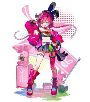 1girl arm_up asymmetrical_legwear belt beret black_choker black_hat black_tube_top boots bucket character_name choker clock commentary_request digital_clock double-parted_bangs firehippo full_body green_eyes grey_skirt gun hair_ornament hairclip hanako_nana hand_on_own_hip handgun hat heart heart_o-ring holding holding_gun holding_weapon jacket jpeg_artifacts korean_commentary long_sleeves looking_at_viewer megaphone miniskirt multicolored_boots multicolored_hair navel o-ring o-ring_thigh_strap one_eye_closed open_clothes open_jacket open_mouth paint paint_splatter peto_(hanako_nana) pink_hair pink_jacket pleated_skirt rabbit rabbit_hair_ornament short_hair_with_long_locks skirt smile solo standing stellive stomach strapless streaked_hair suitcase thigh_strap tube_top two-tone_boots virtual_youtuber weapon white_belt x_hair_ornament