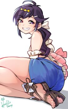 1girl ahoge bare_shoulders blue_shorts blush border bow brown_sandals character_request commentary_request copyright_request dated feet frilled_shirt_collar frills from_side full_body hair_bow hair_ornament highres hori_shin legs looking_at_viewer pink_bow ponytail purple_eyes purple_hair sandals shirt short_shorts shorts signature simple_background smile solo thighs toenails toes white_background white_border white_shirt