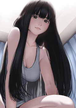 1girl bare_legs bare_shoulders between_legs black_eyes black_hair breasts ceiling cleavage closed_mouth collarbone commentary_request curtains from_below grey_tank_top guitaristkaz hand_between_own_legs highres light_smile long_hair looking_at_viewer medium_breasts original solo tank_top