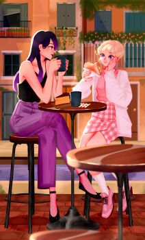 2girls absurdres black_hair blue_eyes brown_eyes cake city colored_tips dating dress feet flirting food highres jacket juleka_couffaine long_hair looking_to_the_side miraculous_ladybug mugs multicolored_hair multiple_girls non-web_source pants pink_dress pink_nails purple_nails purple_pants rose_lavillant sandwich shoes short_hair sitting tea white_jacket