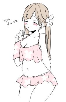 1girl blush breasts cleavage closed_mouth flower hair_flower hair_ornament highres long_hair navel pirorr simple_background smile solo sophia_esteed star_ocean star_ocean:_till_the_end_of_time swimsuit twintails white_background