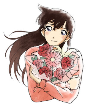 Rule 34 | 1girl, black hair, blush, bouquet, brown hair, closed mouth, commentary request, cropped torso, floating hair, flower, highres, holding, holding bouquet, long hair, long sleeves, looking at viewer, meitantei conan, mouri ran, pink flower, pink shirt, purple eyes, red flower, shirt, smile, solo, straight-on, upper body, user ecam7458, white background