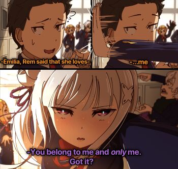 2boys 2girls absurdres black_hair brown_eyes capella_emerada_lugnica emilia_(re:zero) english_text glaring highres jealous kabedon mayngomay middle_finger multiple_boys multiple_girls natsuki_subaru nervous_smile purple_eyes re:zero_kara_hajimeru_isekai_seikatsu regulus_corneas school_uniform smile white_hair