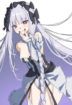 1girl bare_shoulders black_bow blush bow braid breasts cleavage collar colored_inner_hair detached_sleeves dodosaae dress fate/strange_fake fate_(series) francesca_prelati_(fate) frilled_collar frills garter_straps grey_eyes grey_hair hair_bow hashtag-only_commentary highres long_hair looking_at_viewer medium_breasts multicolored_hair panties parted_bangs ringed_eyes sidelocks smile solo striped_clothes striped_dress thighs underwear very_long_hair white_dress white_hair white_panties