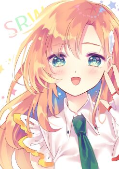 Rule 34 | 1girl, :d, absurdres, blush, cliana rimskaya, copyright name, eri., fingerless gloves, gloves, green eyes, green necktie, hair ornament, hand up, highres, necktie, open mouth, orange hair, pale skin, side part, smile, solo, super robot wars, super robot wars destiny