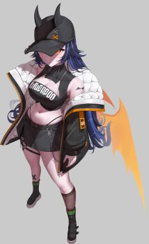 1girl 2025 absurdres bare_shoulders baseball_cap black_jacket black_shirt black_shorts black_skirt blue_hair breasts cleavage cleavage_cutout closed_mouth clothes_writing clothing_cutout crop_top fishnet_socks fishnets from_above full_body grey_background hat highleg highleg_panties highres horns horns_through_headwear jacket kneehighs korean_commentary large_breasts lilpa long_hair long_sleeves looking_at_viewer making-of_available medium_breasts midriff miniskirt navel off_shoulder open_clothes open_jacket orange_eyes panties panty_straps shirt shoes shorts simple_background skirt sleeveless sleeveless_shirt socks solo standing stomach tattoo thigh_strap thighs underwear very_long_hair virtual_youtuber waktaverse white_background wings yellow_eyes yellow_wings yeon_do_e