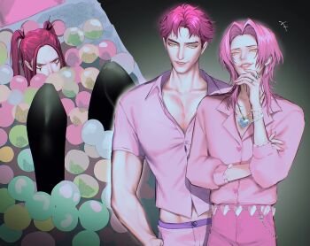 +++ 1girl 2boys abby_(kpop_demon_hunters) anger_vein bracelet collared_shirt commentary earrings hand_on_own_hip hashtag-only_commentary heart_pendant highres jewelry kpop_demon_hunters long_hair makeup medium_hair mira_(kpop_demon_hunters) multiple_boys ogai pants pink_nails pink_pants ring romance_(kpop_demon_hunters) shirt short_hair short_sleeves sidelocks smile smirk symbol-only_commentary twintails yellow_eyes