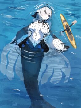 1girl commentary_request fins giant giantess grey_eyes hair_between_eyes hassuyu_ni head_fins highres kayak long_hair looking_at_another lying mermaid monster_girl navel oar on_back original paddle partially_submerged swimming water white_hair