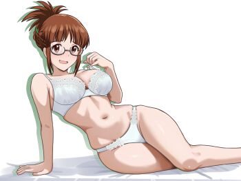 1girl akizuki_ritsuko arm_support bra breasts brown_eyes brown_hair cleavage commentary_request curvy ehou_mangan folded_ponytail glasses highres idolmaster idolmaster_(classic) large_breasts looking_at_viewer lying navel on_side open_mouth panties semi-rimless_eyewear simple_background solo stomach thighs under-rim_eyewear underwear underwear_only white_background white_bra white_panties