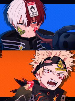 2boys anger_vein angry artist_name bakugou_katsuki bangs_pinned_back black_gloves black_outline blonde_hair blue_background blue_eyes boku_no_hero_academia burn_scar cactusnabe chromatic_aberration closed_mouth color_coordination commentary diagonal_stripes drop_shadow english_text eye_mask eyes_visible_through_hair film_grain finger_to_another's_cheek fingerless_gloves flammable_symbol fragile_symbol frown gloves grey_eyes hair_between_eyes hand_up heterochromia hexagon high_collar highres holding letterboxed looking_at_another male_focus mask mask_on_head mismatched_pupils multicolored_hair multiple_boys narrowed_eyes open_mouth orange_background orange_gloves outline outside_border parted_hair pinstripe_pattern portrait reaching red_eyes red_hair sanpaku scar scar_on_face short_hair sign spiked_hair split-color_hair split_screen square sticker sticker_on_face straight_hair striped_background symbol-only_commentary todoroki_shoto triangle twitter_username two-tone_gloves two-tone_hair v-shaped_eyebrows warning_sign white_hair white_outline