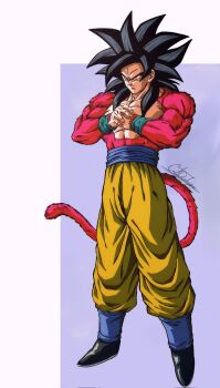1boy black_hair blue_sash body_fur catdestroyer dougi dragon_ball dragon_ball_gt highres long_hair male_focus monkey_boy monkey_tail muscular muscular_male no_nipples pants pectorals red_fur saiyan sash solo son_goku spiked_hair super_saiyan super_saiyan_4 tail yellow_pants