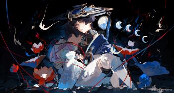 2boys absurdres black_background black_hair black_shirt blue_cape blue_flower blue_gem blue_hat blunt_ends bridal_gauntlets cape carrying character_doll chinese_commentary closed_eyes closed_mouth commentary_request covered_collarbone detached_sleeves dichlorvos doll dual_persona eyeshadow floral_print flower gem genshin_impact gold_necklace gold_ring hat highres holding holding_doll japanese_clothes jewelry jingasa long_sleeves looking_at_viewer makeup male_focus mandarin_collar moon_phases multiple_boys necklace open_clothes open_vest pants princess_carry purple_eyes purple_shirt red_eyeshadow red_flower ring scaramouche_(genshin_impact) scaramouche_(kabukimono)_(genshin_impact) shirt short_hair short_sleeves simple_background sitting sleeveless sleeveless_shirt vest vision_(genshin_impact) wanderer_(genshin_impact) water white_pants white_vest wide_sleeves