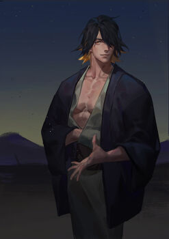 1boy bare_pectorals black_hair cowboy_shot hair_over_one_eye highres long_sleeves looking_at_viewer male_focus nagasone_kotetsu ncww_rinichi orange_eyes outdoors pectorals short_hair solo sparse_stubble standing touken_ranbu wide_sleeves