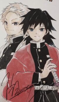 Rule 34 | 2boys, belt, black hair, black jacket, closed mouth, commentary request, demon slayer uniform, haori, high collar, jacket, japanese clothes, katana, kimetsu no yaiba, long hair, looking at viewer, low ponytail, male focus, mikki (asmp), multiple boys, ponytail, red haori, sabito (kimetsu), signature, smile, spiked hair, sword, teeth, tomioka giyuu, weapon, white belt