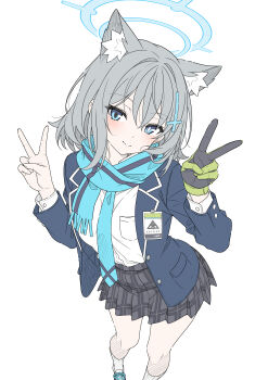 1girl absurdres abydos_high_school_logo animal_ear_fluff animal_ears blue_archive blue_eyes blue_halo blush breasts coat commentary double_v gloves grey_hair hair_ornament halo heterochromia highres long_sleeves medium_hair necktie scarf school_uniform shiroko_(blue_archive) shirt shoes simple_background skirt small_breasts socks solo t1kosewad untranslatable_commentary v wolf_ears