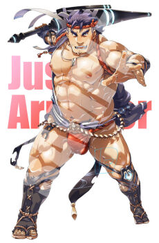 1boy abs bara bare_pectorals beard_stubble blue_hair blush bulge chest_hair facial_hair forked_eyebrows full_body fundoshi gammei_(live_a_hero) holding holding_weapon japanese_clothes large_pectorals live_a_hero looking_at_viewer male_focus mature_male muscular muscular_legs muscular_male navel nipples pectorals ponytail red_fundoshi short_hair short_ponytail solo sparse_chest_hair standing strongman_waist stubble thick_eyebrows thighs toratora_(toratorayatora) undercut watermark weapon