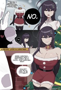 ... 1girl :t ahoge bare_shoulders bell belt black_belt black_gloves black_hair black_thighhighs breasts broken_heart christmas_tree cleavage collared_shirt commentary dress earrings elbow_gloves english_commentary english_text fur-trimmed_dress fur_trim gloves hair_ornament heart heart_hair_ornament highres jewelry long_hair mannequin morgzkun neck_bell open_mouth original pom_pom_(clothes) red_dress santa_costume santa_dress shirt speech_bubble strapless strapless_dress thighhighs twitter_username white_shirt