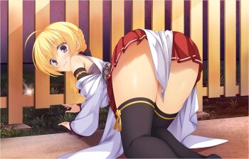 Rule 34 | 1girl, ahoge, all fours, ass, bare shoulders, black thighhighs, blonde hair, blush, braid, closed mouth, convenient censoring, embarrassed, eyes visible through hair, feet out of frame, foreshortening, frilled sleeves, frills, from behind, game asset, glint, hair between eyes, japanese clothes, kimono, kobuichi, lena liechtenauer, long hair, long sleeves, looking at viewer, looking back, non-web source, official alternate costume, official alternate hairstyle, official art, otogi frontier, outdoors, pleated skirt, purple eyes, red skirt, road, senren banka, single braid, skirt, solo, tassel, thighhighs, thighs, variant set, white kimono, wide sleeves