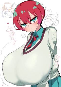 alternate_breast_size_(larger) amate_yuzuriha aqua_eyes aqua_shirt aqua_skirt breast_expansion breasts covered_erect_nipples gigantic_breasts gundam gundam_gquuuuuux haro highres jitome large_breasts red_hair shirt shuji_ito sintaro_okabe skirt sweater tagme