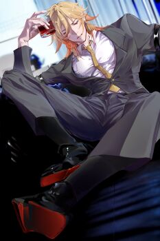 1boy absurdres alternate_costume arm_strap black_jacket black_pants black_shoes blonde_hair braid chenhui20158 chinese_commentary closed_eyes collared_shirt commentary_request cup earrings facial_tattoo gold_earrings gradient_hair highres holding holding_cup honkai:_star_rail honkai_(series) jacket jewelry male_focus medium_hair multicolored_hair mydei_(honkai:_star_rail) necktie pants red_hair red_tattoo shirt shoes side_braid solo tattoo white_shirt yellow_necktie