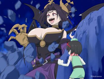 2girls aged_down bare_shoulders black_wings breasts cleavage commentary debris demon_girl demon_horns demon_wings detached_sleeves digimon digimon_adventure digimon_story:_time_stranger dress elbow_gloves english_commentary eyeshadow giant giantess gloves green_dress hair_bun highres horns kakudrawmon large_breasts lilithmon makeup mole mole_under_eye multiple_girls parody purple_eyeshadow purple_lips purple_skirt purple_sleeves sharp_teeth short_hair skirt solo_focus strapless_bodysuit teeth wings yellow_horns yuuki_kanan