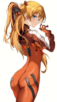 Rule 34 | 1girl, @shun, arms up, ass, blue eyes, bodysuit, breasts, brown hair, clothes lift, clothes pull, hair between eyes, hair ornament, highres, interface headset (evangelion), jacket, jacket lift, jacket pull, long hair, looking at viewer, looking back, mecha pilot suit, medium breasts, neon genesis evangelion, plugsuit (evangelion), red bodysuit, simple background, solo, souryuu asuka langley, track jacket, twintails, two side up, unworn jacket, very long hair, white background