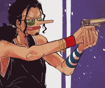 black_hair black_tank_top bracelet commentary_request facial_hair goatee gun hebi_d_hebi holding holding_gun holding_weapon jewelry long_nose one_piece ponytail sidelocks smile sunglasses tank_top upper_body usopp weapon wristband