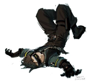 1boy animification beard_stubble belt black_boots black_gloves black_pants black_vest blue_shirt boots brown_hair checkered_necktie commentary eddsworld facial_hair future_tom_(eddsworld) gloves goggles head-mounted_display legs_up long_sleeves looking_at_viewer lying male_focus necktie on_back pants shirt short_hair simple_background skrip_0w0 solo spiked_hair stubble symbol-only_commentary tom_(eddsworld) vest white_background