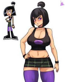 1girl bare_shoulders black_hair black_skirt black_tank_top boots breasts chibi choker cleavage covered_erect_nipples cowboy_shot danny_phantom derivative_work embarrassed full_body gluteal_fold goth_fashion hand_on_own_hip high_ponytail highres jmg large_breasts lipstick looking_at_another looking_to_the_side makeup midriff miniskirt multiple_persona navel pantyhose pantylines plaid_clothes plaid_skirt ponytail purple_eyes purple_lips purple_thighhighs reference_work sam_manson short_hair short_ponytail signature simple_background skirt solo tank_top thick_thighs thighhighs thighs thong v-shaped_eyebrows white_background wide_hips wristband zettai_ryouiki