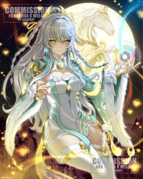 Rule 34 | 1girl, braid, breasts, chinese clothes, cleavage, commentary, commission, crescent, crescent hair ornament, dress, earrings, english commentary, fur trim, genshin impact, hair ornament, high ponytail, highres, jewelry, leflayart, long hair, long sleeves, looking at viewer, multicolored hair, ponytail, second-party source, smile, streaked hair, white dress, white hair, wide sleeves, yellow eyes, zibai (genshin impact)