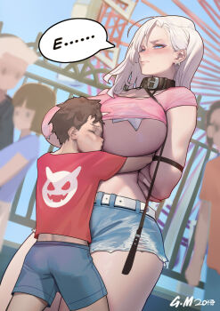 1boy 1girl absurdres age_difference aibo_(gorgeous_mushroom) arms_behind_back bdsm bitch_taken_for_walk blue_eyes blush bondage bound braid breasts collar day ear_piercing earrings erogaki exhibitionism female_focus gigantic_breasts gorgeous_mushroom groping height_difference highres hug jewelry leash muscular muscular_female nipple_piercing nipples_covered older_female_and_younger_male onee-shota original piercing public_indecency restrained rope see-through_clothes see-through_shirt shirt shota slave star_(symbol) star_sticker sticker tall_female white_hair