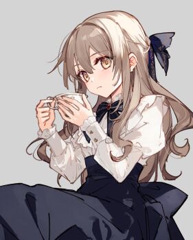 1girl black_bow black_skirt bow brooch brown_eyes brown_hair commentary_request cup grey_background hair_between_eyes hair_bow high-waist_skirt highres holding holding_cup jewelry juliet_sleeves long_hair long_sleeves mochizuki_shiina original puffy_sleeves shirt simple_background skirt solo very_long_hair white_shirt