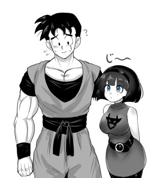 1boy 1girl ? arms_behind_back bare_shoulders belt black_belt black_hair black_hairband blue_eyes breasts curious demon_print dougi dragon_ball dragon_ball_super dragonball_z dress einohire0085 flying_sweatdrops greyscale hairband light_blush looking_at_another medium_breasts monochrome muscular muscular_male nervous nervous_smile nervous_sweating sash scar scar_across_eye scar_on_face short_hair simple_background sleeveless sleeveless_dress smile son_gohan son_gohan_(future) sweat tall_male time_paradox translated videl white_background
