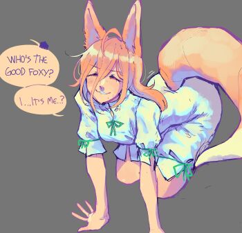 1girl absurdres all_fours animal_ears blonde_hair closed_eyes fox_ears fox_girl fox_tail green_ribbon hair_between_eyes highres iizunamaru_megumu jess_(p2eocene) kneeling kudamaki_tsukasa leaning_forward long_bangs multiple_girls neck_ribbon out_of_frame ribbon romper short_sleeves smile speech_bubble tail touhou white_romper
