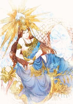 1girl armlet blue_dress brown_eyes brown_hair commentary_request copyright_name dress final_fantasy final_fantasy_xiv gold_armlet gold_necklace gold_trim headpiece jewelry lakshmi_(final_fantasy) lamia long_hair monster_girl necklace ruka_(blueplus84) single_bare_shoulder solo