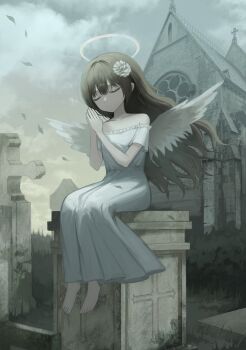1girl absurdres angel angel_wings bare_shoulders barefoot building celtic_cross christianity church closed_eyes closed_mouth cloud collarbone commentary cross cross_bottony double-parted_bangs dress english_commentary falling_leaves floating_hair flower frilled_dress frills full_body graveyard hair_flower hair_intakes hair_ornament halo hands_up highres kkamkkam latin_cross leaf long_dress long_hair off-shoulder_dress off_shoulder original outdoors overcast own_hands_together praying short_sleeves sidelocks sitting sitting_on_tombstone sky spread_wings tombstone traditional_halo white_dress white_flower white_wings wind wings