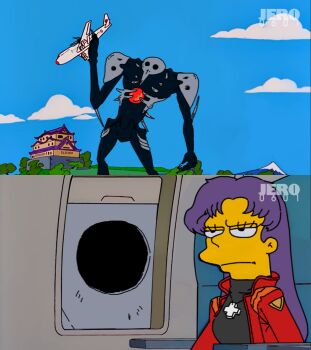 1girl 1other aircraft airplane airplane_interior angel_(evangelion) architecture blue_sky cloud colored_skin cross cross_necklace day derivative_work east_asian_architecture feet_out_of_frame highres jacket japanese_castle jewelry kaiju katsuragi_misato long_hair looking_at_another monster mount_fuji necklace neon_genesis_evangelion outdoors parody plane purple_hair red_jacket sachiel_(evangelion) screenshot_redraw serious sitting sky standing the_simpsons tree upper_body yellow_skin