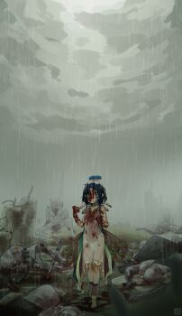 1girl absurdres arknights artist_logo battlefield bird_girl black_hair blood blood_on_clothes blood_on_face blood_on_hands bracelet commentary conviction_(arknights) cross-laced_sandals death dress empty_eyes feather_hair_ornament feathers gold_bracelet gold_choker gold_trim hair_ornament hands_up highres jewelry logo looking_at_viewer monster multiple_others overcast parted_bangs parted_lips peacock_feathers planted planted_sword planted_weapon pool_of_blood rain rebar reunion_soldier_(arknights) ringed_eyes rubble sandals shima_(wideshi_ma) short_hair_with_long_locks sky sleeveless sleeveless_dress solo_focus sword walking weapon wet wet_clothes wet_dress wet_hair white_dress wide-eyed wide_shot yellow_eyes