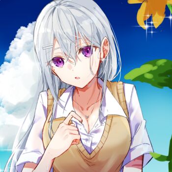 1girl blue_background blue_sky breasts cleavage cloud collared_shirt commentary_request earrings gradient_background grey_hair hair_behind_ear hair_between_eyes hair_ornament hairclip hand_up higuchi_kaede higuchi_kaede_(summer_uniform) hot jewelry large_breasts long_hair looking_at_viewer loose_hair_strand mole mole_under_eye multiple_hairclips necklace nijisanji open_mouth partially_unbuttoned purple_eyes shirt short_sleeves single_earring sky solo sparkle sweat sweater_vest upper_body virtual_youtuber white_shirt yellow_sweater_vest zyenokana