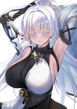 1girl armpits arms_up bare_shoulders black_dress blue_eyes blush breasts colored_eyelashes dress earrings goddess_of_victory:_nikke highres jewelry large_breasts long_hair long_sleeves looking_at_viewer nayuta_(nikke) seedkeng smile solo split-color_clothes two-tone_dress white_dress white_eyelashes white_hair