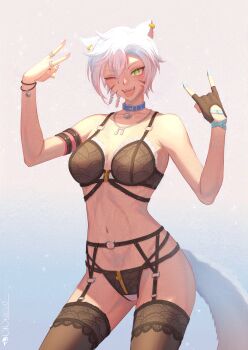 Rule 34 | 1girl, animal ears, belt collar, black bra, black gloves, blue collar, blue nails, bra, breasts, collar, collarbone, commentary request, earrings, facial mark, garter belt, gloves, green eyes, highres, jewelry, mole, mole under eye, multicolored nails, musical note necklace, navel, o-ring, o-ring garter belt, one eye closed, open mouth, original, pawz212, ring, short hair, solo, tail, teeth, thighhighs, two-tone nails, underwear, upper teeth only, whisker markings, white hair