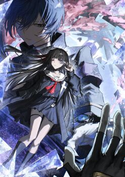 2girls absurdres arm_cutout black_choker black_gloves black_hair black_jacket black_serafuku black_shirt black_skirt chisa_(wuthering_waves) choker clothing_cutout gloves hair_between_eyes hair_ribbon hashtag-only_commentary highres jacket long_hair long_sleeves looking_at_viewer male_rover_(wuthering_waves) multiple_girls neckerchief parted_lips pov reaching reaching_towards_another red_eyes red_neckerchief red_ribbon ribbon rover_(wuthering_waves) sailor_collar school_uniform serafuku shirt skirt sumika_(wuthering_waves) tacet_mark_(wuthering_waves) takamatu_hajime thigh_strap white_sailor_collar wuthering_waves