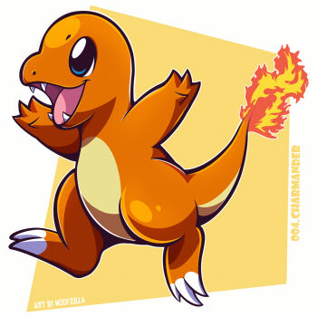 arms_up blue_eyes bright_pupils character_name charmander closed_mouth commentary english_commentary fangs fire flame-tipped_tail full_body gen_1_pokemon highres nintendo no_humans nostrils open_mouth pokedex_number pokemon pokemon_(creature) solo tail white_pupils woofzilla
