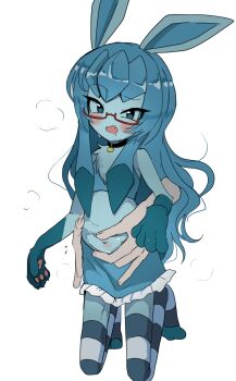 1girl absurdres animal_ears animal_hands blue_eyes blue_hair blue_skin choker colored_skin fang furry furry_female gen_4_pokemon glaceon glasses highres long_hair navel nintendo pawpads pokemon pokemon_(creature) sidelocks simple_background striped_clothes striped_thighhighs thighhighs vreparty white_background