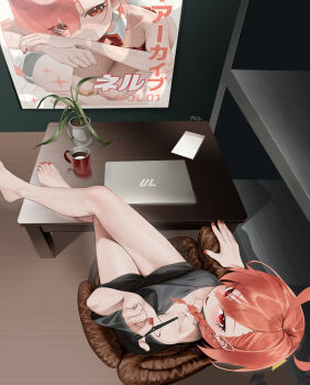 1girl absurdres ahoge annotation_request bare_legs barefoot blue_archive blush braid commentary_request computer crossed_legs drawing_(object) fingernails highres holding holding_stylus huge_filesize indoors laptop loli looking_at_viewer nail_polish neru_(blue_archive) neru_(bunny)_(blue_archive) not_forever2w orange_hair red_eyes short_hair single_braid sitting smile stylus toenail_polish toenails