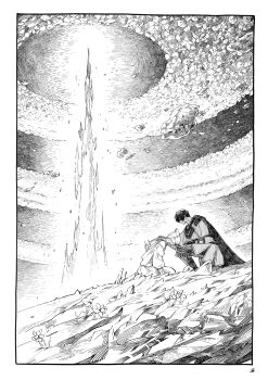 2boys adventurer_(ff14) animal_ears border cape cat_ears crystal_exarch crystal_shards final_fantasy final_fantasy_xiv from_side g&#039;raha_tia greyscale hatching_(texture) highres hyur miqo&#039;te monochrome multiple_boys on_one_knee outdoors scenery seiza shards short_hair sitting sky tower tppqqq7 warrior_of_light_(ff14) white_border wide_shot