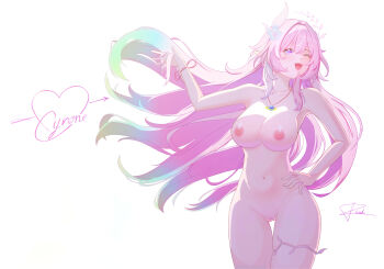 1girl ;o absurdres aqua_hair breasts character_name commentary completely_nude cyrene_(honkai:_star_rail) cyrene_(ripples_of_past_reverie)_(honkai:_star_rail) diamond-shaped_pupils diamond_(shape) english_commentary flower gradient_hair hair_flower hair_ornament highres honkai:_star_rail honkai_(series) jewelry large_breasts long_hair multicolored_hair multiple_girls navel necklace nipples nude one_eye_closed pink_hair pointy_ears puithenh purple_eyes pussy simple_background solo stomach swimsuit symbol-shaped_pupils thighs variant_set very_long_hair white_background white_hair