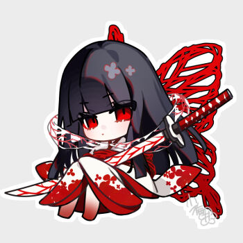 1girl black_hair bridal_veil butterfly_wings chibi closed_mouth commentary_request floral_print hood hood_down insect_wings japanese_clothes katana kbtur kimono limbus_company long_hair long_sleeves looking_at_viewer project_moon red_eyes red_sash ryoshu_(project_moon) sash see-through_clothes shiromuku simple_background solo string sword uchikake veil veins wataboushi weapon white_background white_kimono wide_sleeves wings